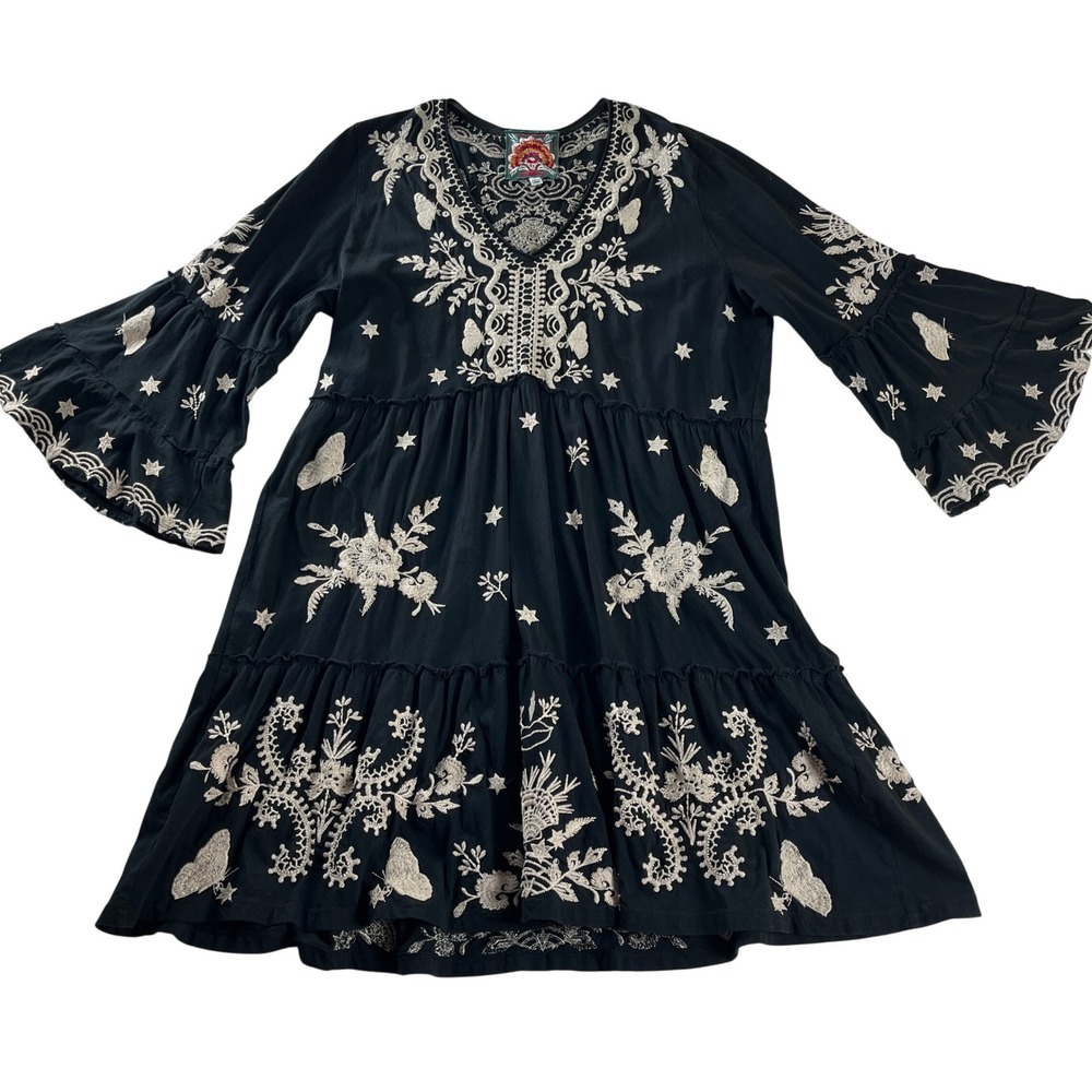 Johnny Was Los Angeles Black Embroidered Boho Tunic Dress L Stars Butterfly